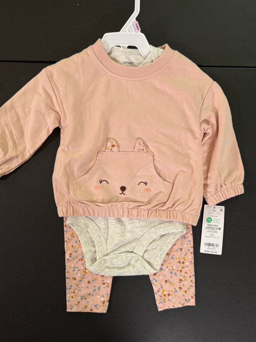 9m Carter's Pink Fox Pullover Bodysuit & Floral Leggings 3piece Set